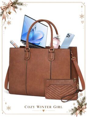 PU Leather Laptop Tote Bag 15.6 Inch Messenger Shoulder Bag for Work
